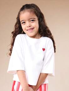 SUMWON Girls Love Print T-Shirt And Striped Wide Leg Pants Co-Ord Set With Short Sleeves And Ruffle Hem Details - Pink - View 4