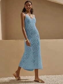 Crochet Knit Geometric-Pattern Sleeveless Dress – Off-White - Blue - View 7