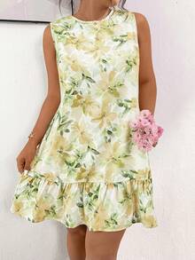 Lounesse 大码女式碎花无袖休闲连衣裙 - 鵝黃色 - 查看 6