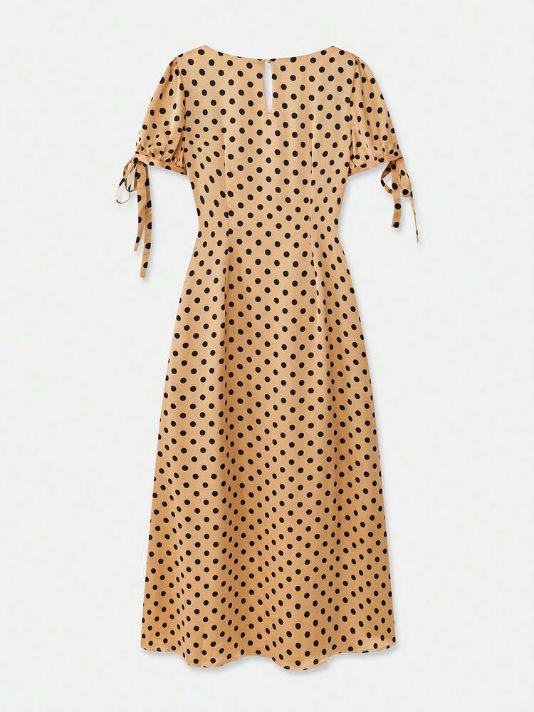 Polka Dot Satin Long Dress With Tie Sleeves And Black Lace Bodice Polka Dot Dress Women Party Dress Autumn Dress Winter Dress Night Dresses Party Women Polka Dot Dress Business Casual Dress  Party Outfits