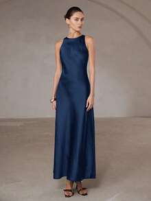Aveloria Modichic Minimalist Elegant Bias Cut Double-Sided Satin-Like Acetate Fabric A-Line Sleeveless Dress, Flattering - Navy Blue - View 3