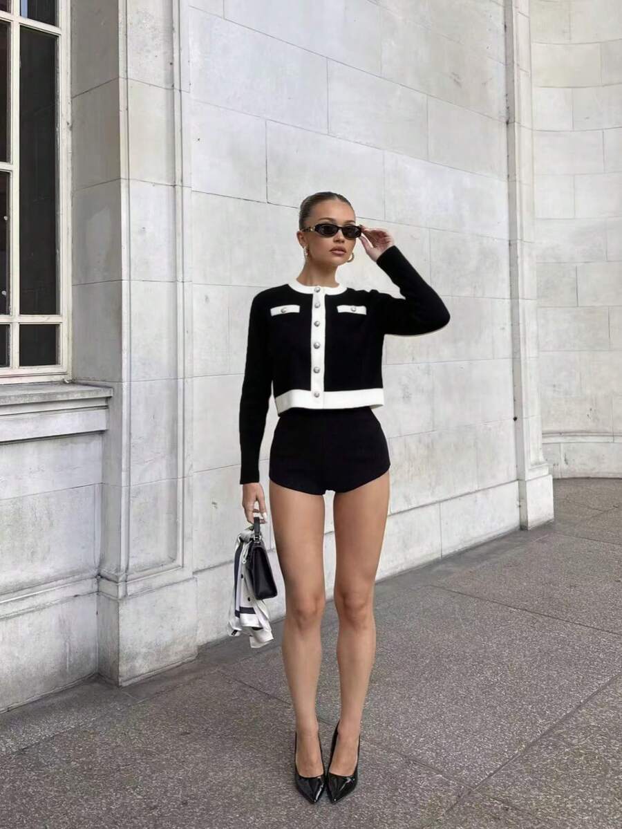 Glamine Charm 女士时尚优雅撞色开衫针织毛衣 - 黑色 - 查看 1