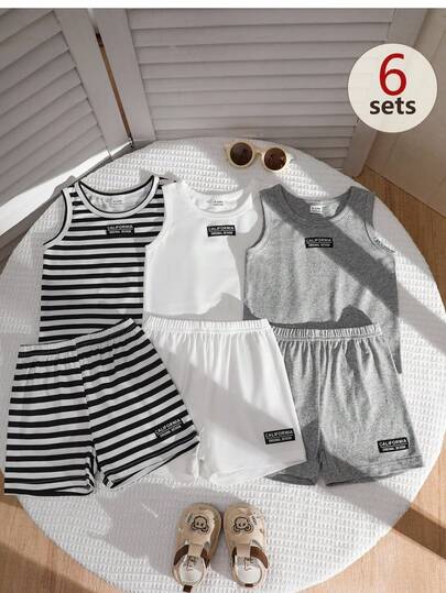 SHEIN Playful Pals Bộ quần áo mùa hè 6 món cho bé trai, gồm 3 màu: đen, trắng, áo vest kẻ sọc và quần short, thoải mái, giản dị, đa năng, phù hợp mặc hàng ngày.