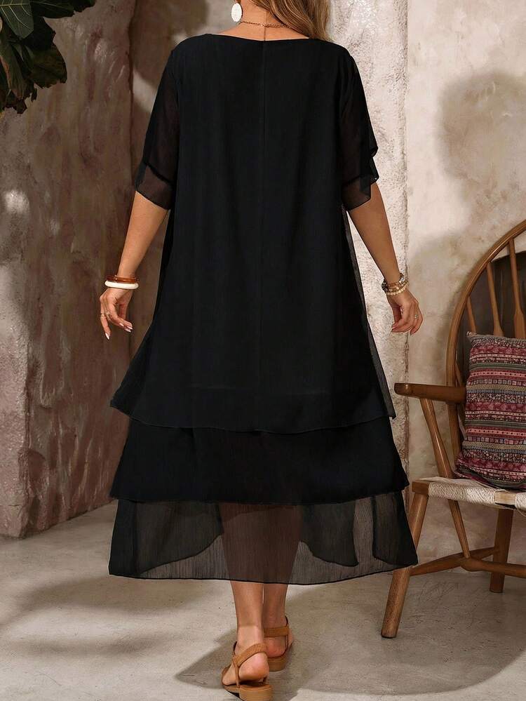 Plus Size Casual Dress, White Round Neck Unbutton Asymmetrical Flowy Hem, Bohemian Style, Suitable For Spring & Summer/Elegant Women's Plus Size Dresses Women's Summer Dresses Women's Black Dress Summer Dress Summer Outfits Summer Clothes Spring Dress Spring Outfit Women Spring Clothing Beach Vacation Outfits For Women Vacation Dress Bohemian