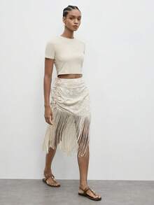 Maija Apricot Women's Skirt With Embroidered Floral Design And Fringe Hem, Elegant - Apricot - View 1