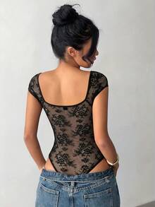 Aloruh 时尚性感黑色蕾丝连体衣 - 黑色 - 查看 2