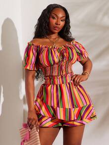 SHEIN SXY Quần short nữ cỡ lớn in họa tiết sọc màu sắc rực rỡ, cạp cao co giãn, viền bèo nhún, thời trang, thanh lịch, gợi cảm, thích hợp cho kỳ nghỉ, ngày Valentine, đám cưới, phong cách vintage, tiệc tùng, dạ hội, đi chơi, xuân hè, thanh lịch cho nữ, phong cách boho ngày lễ, thường ngày cho nữ, phong cách đường phố lễ hội. - Nhiều màu - Xem 4