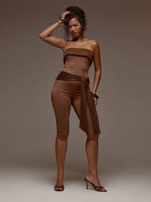 MUSERA 撞色翻边棕色纹理亮片系带修身无肩带七分连体裤，春夏度假海滩伊比沙岛音乐节派对优雅女神 - 咖啡棕 - 查看 5