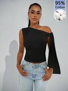 SHEIN BAE 女款優雅 95% 棉黑色不對稱領口綁帶上衣，夏季性感時尚夜店風，適合辦公室約會婚禮賓客海灘度假穿搭 - 彩色 - 查看 7