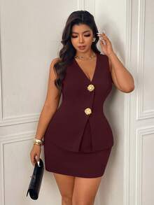 Femmeverse Plus Size Gold Button Chocolate Brown Custom Camisole And Mini Skirt Set - Burgundy - View 7