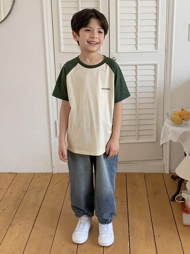 Young Boys' Casual Contrast Raglan Sleeve Round Neck T-Shirt Summer