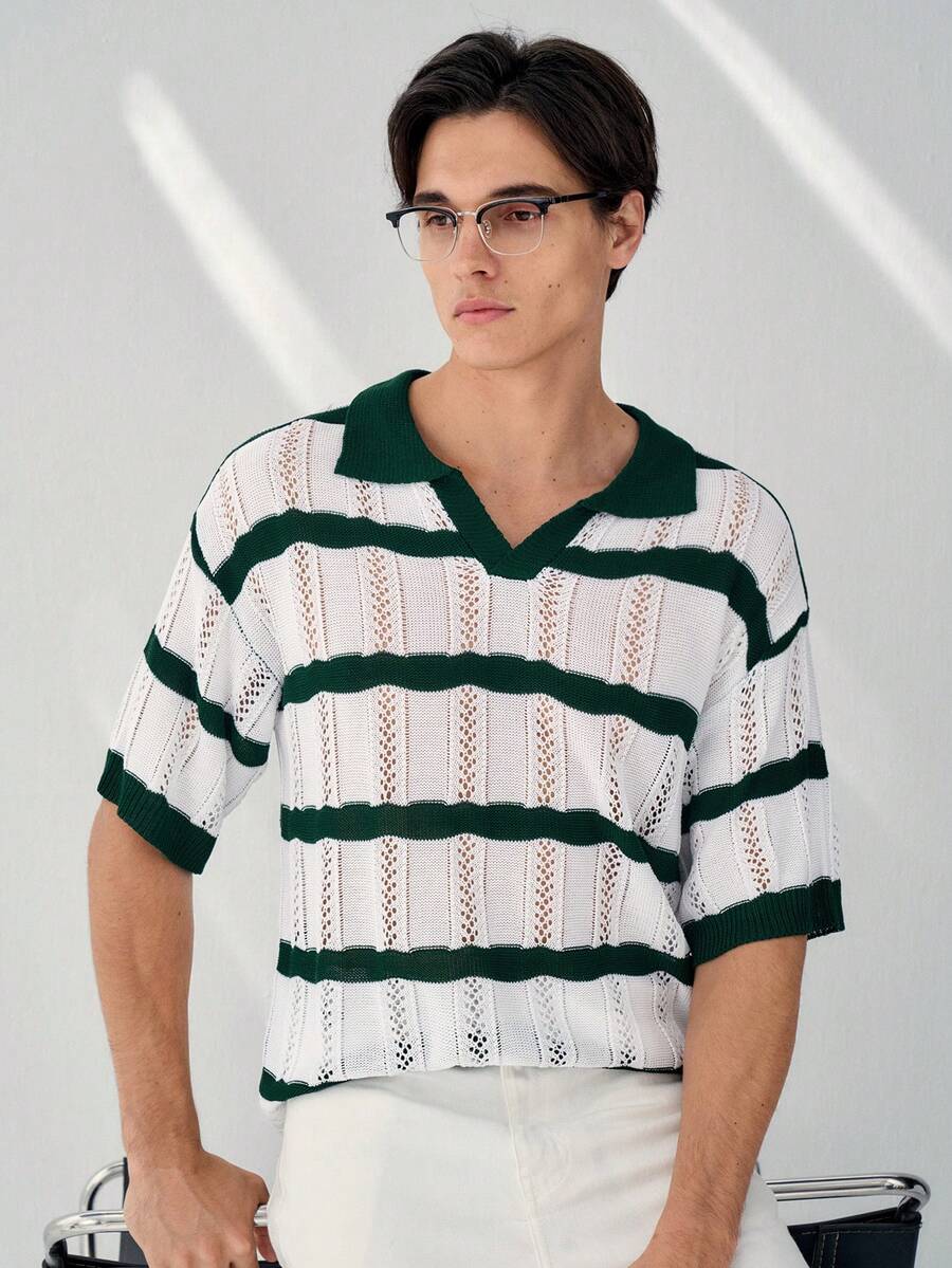 Manfinity CityGents 男士条纹印花休闲短袖针织上衣，春夏款 - 彩色 - 查看 1