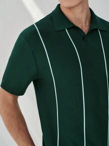 RONVEXI Men's Casual Colorblock Striped Short Sleeve Knit Top, Spring/Summer Men Knit Polo Green Polo For Men Green And White Shirt Green Striped Shirt Golf Shirts For Men Green Mens Clothes Green Polo Shirt Striped Polo Men Knitted Polo Men Deep Green Polo For Men Jersey Shirt For Men Polos For Men Retro Outfit For Men Branded Clothes For Men T Shirt Work Shirt Wonder Polo Shirts For Men - Dark Green - View 2