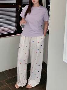 Dazy Plus 2pcs Sleepwear Set, Solid Color Fitted Knit Top & Heart Print Pajama Pants, Spring/Summer Plus Size Women - Dusty Purple - View 4