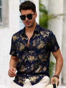 Manfinity RSRT Men's Summer Beach Vacation Tropical Print Short Sleeve Shirt - Navy Blue - View 3
