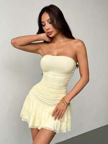 SHEIN PETITE Spring/Summer Solid Yellow Cream Strapless Ruched Bodycon Mini Dress With Ruffle Hem, Cute Summer Dress, Brunch Dress, Yellow Dress ,Summer Dress - Pale Yellow - View 3