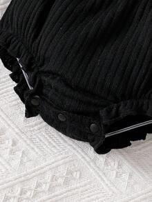 SHEIN Baby Girls' Summer New Cotton Rib Knit Heart Print Romper Set - Khaki - View 5