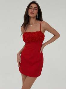 Aloruh Vestido mini de línea A con Body ceñido, con flores de rosa 3D de color rojo sólido para el Día de San Valentín de las mujeres - Rojo - Ver 5