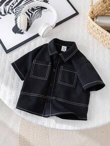 SHEIN Camisa de manga corta con botones delanteros y estampado de dígitos y huellas de mano, estilo casual de verano para bebé niño - Negro - Ver 4