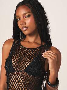 MISSGUIDED Crochet Mesh Tank Top With Beaded Detail And Open Weave Design For Summer Festival Outfits - Black - View 5