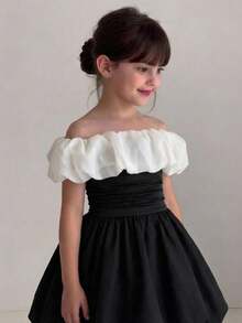 SHEIN Young Girl Elegant Off-Shoulder Color Block Lantern Hem Ruched Fitted Party Dress, Exaggerated Organza Ruffle, Black, Suitable For Wedding, Valentine's Day - Black - View 6