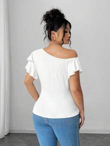 Elenzga 大码女式休闲百搭露肩双层荷叶袖短袖T恤 - 彩色 - 查看 2