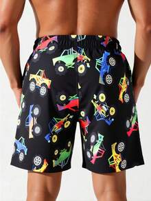 Manfinity Swimmode 男士夏季度假越野车印花抽绳腰宽松沙滩短裤 - 黑色 - 查看 2