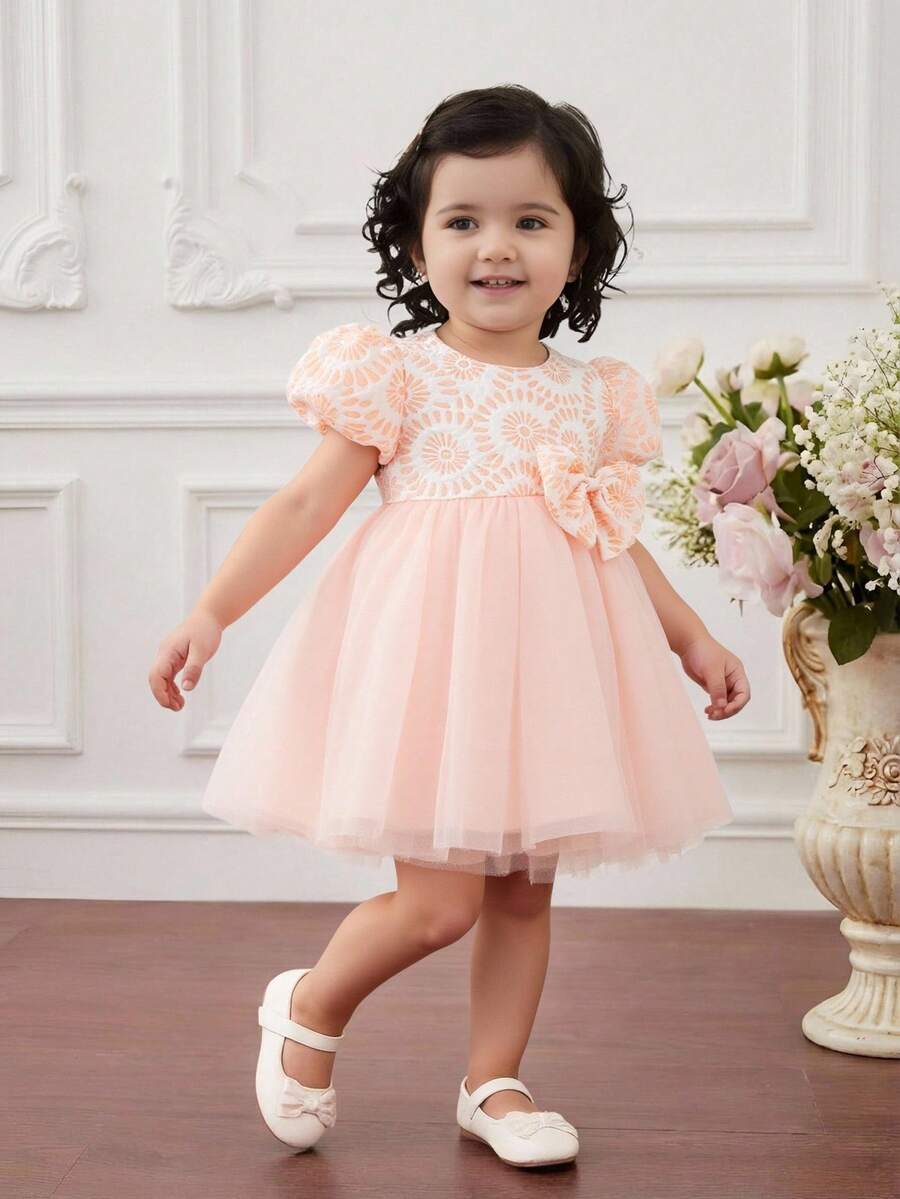 Glamorique Kids Baby Girls' Pink Summer Elegant Birthday Princess Party Dress,Jacquard Hem Mesh Patchwork Bubble Short Sleeve Round Neck,Waist Bow Decor,Flower Girl - Pink - View 1