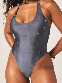 MISSGUIDED Studded Halter Neck One Piece Swimsuit With Metal Eyelet Details And Cross Back Straps For Beach Vacation - Grey - View 2