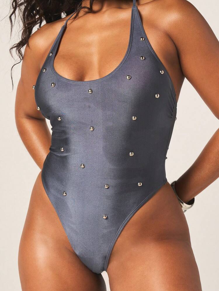MISSGUIDED Studded Halter Neck One Piece Swimsuit With Metal Eyelet Details And Cross Back Straps For Beach Vacation