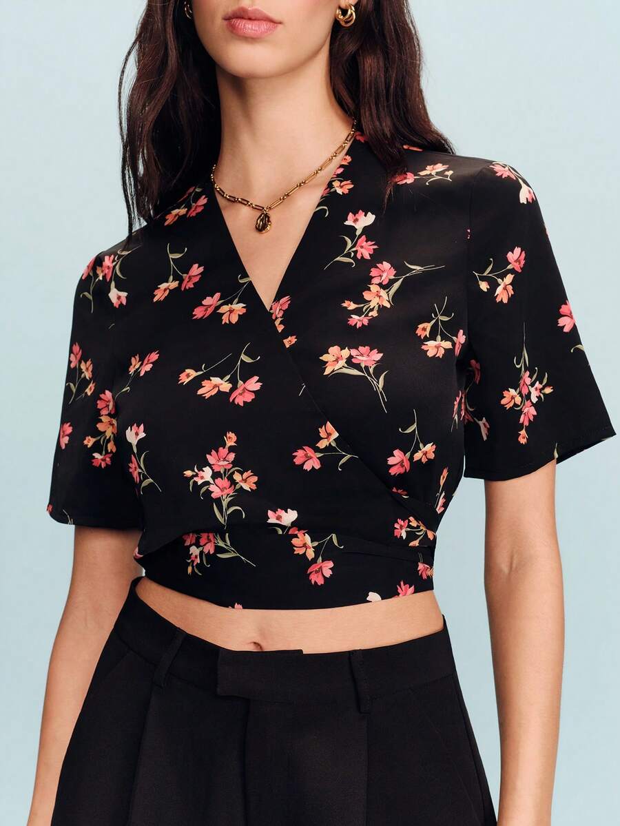 lacRébo Wrap Crop Blouse With Floral Print And Deep V Neckline - Black - View 1