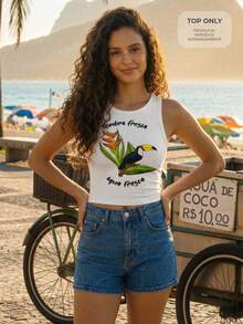 CAJUNI Women's Round Neck Letter & Bird Print Fitted Casual Top, Suitable For Dating & Outings - Beige - View 1