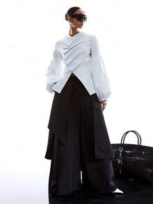 LYSMO 女士褶裥肩部灯笼袖前扣时尚衬衫 - 彩色 - 查看 7