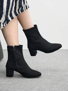 CUCCOO BIZCHIC Women's Fashionable Daily Commute Simple Versatile Solid Color Chunky Heel Ankle Boots - Black - View 1