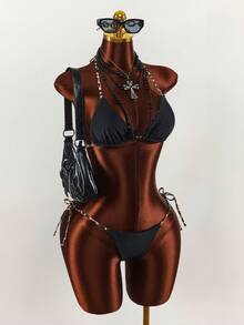 Amplova 女士豹纹双面比基尼套装，性感时尚，适合度假，基础款纯黑色两穿泳衣 - 彩色 - 查看 10