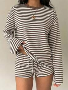 Aloruh Bộ đồ nữ cổ tròn, vai rớt, tay dài, dáng rộng, kẻ sọc, 2 mảnh - Màu Khaki - Xem 7