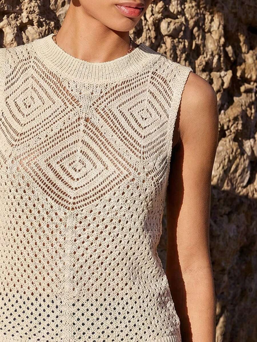 Maija 钩针编织女士无袖几何图案背心，适合海滩度假、春夏穿着 - 杏色 - 查看 1