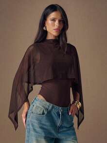 SHEIN BAE Women's Oblique Shoulder Ruffled Layered Chiffon Blouse, Elegant Blouse, Minimalist Fashion Blouse - Brown - View 4