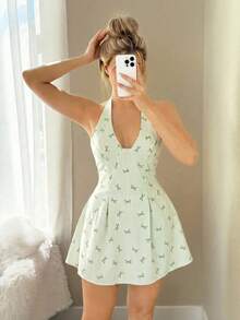 SHEIN Sweetina 修身腰部蝴蝶结印花吊带迷你连衣裙 - 綠色 - 查看 5
