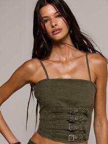 MUSERA Buckle Front Detail Fitted Cropped Denim Corset Top Spring Summer Sexy Date Night Club Festival Holiday Night Out Vacation Soul Ties - Army Green - View 2