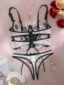 2pcs Women's Romantic Lingerie Set, Sheer Embroidered Mesh Lace-Up Sexy Outfit - Black and White - View 2