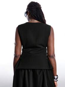 LYSMO Chaqueta de vestir casual versátil de mujer talla grande con cuello en V, abotonadura sencilla y diseño de ojales con lazo - Negro - Ver 8