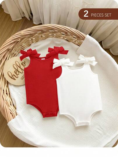2pcs/Set Cute Summer Knitted Solid Color Bow Romper For Baby Girl