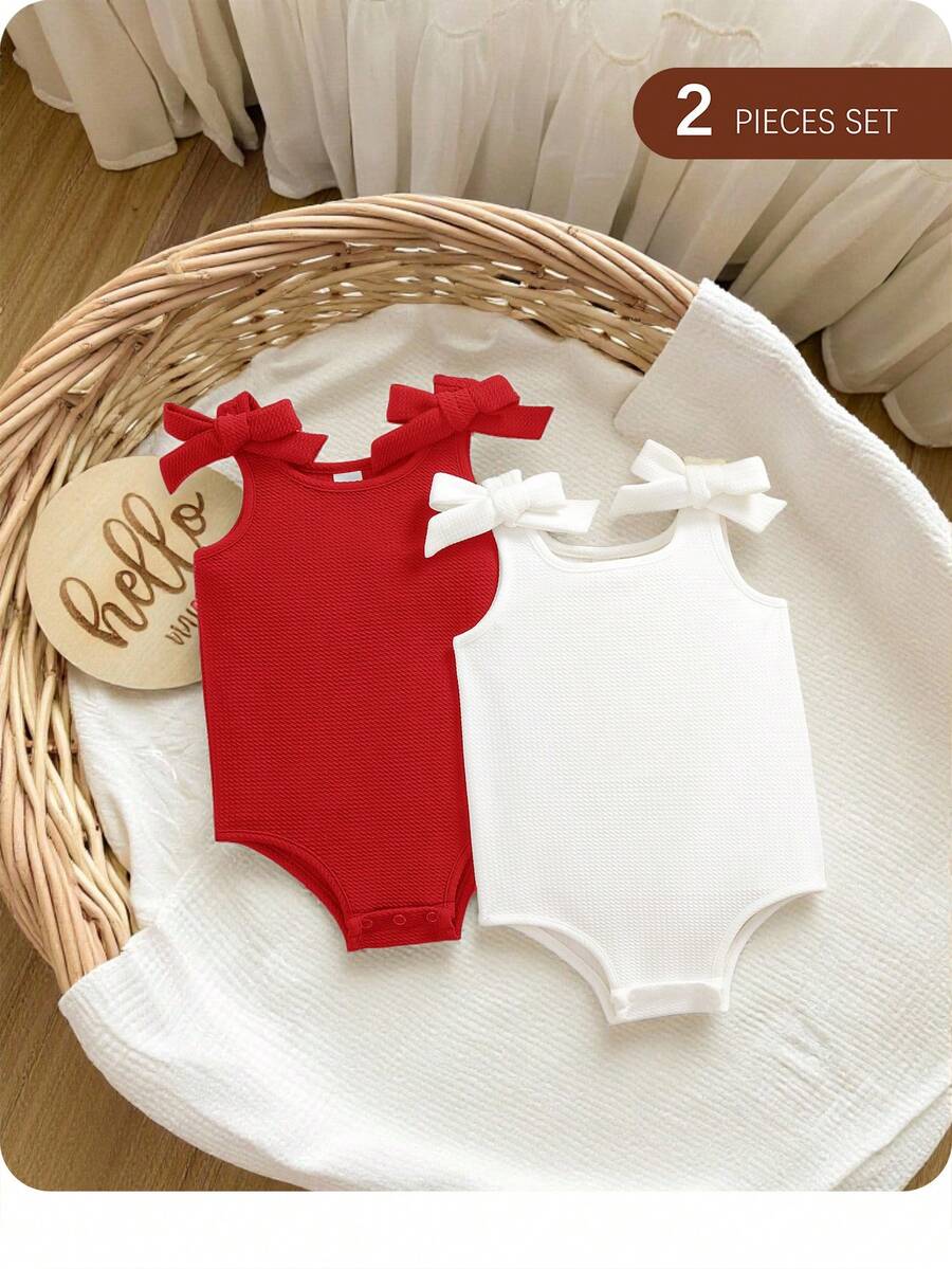 2pcs/Set Cute Summer Knitted Solid Color Bow Romper For Baby Girl - Multicolor - View 1