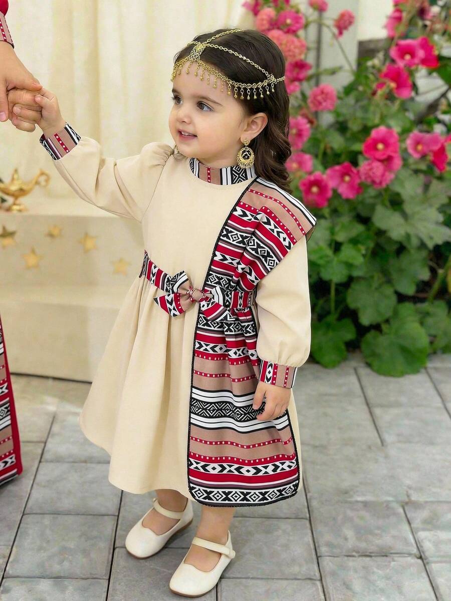 SHEIN Baby Girl Print Puff Sleeve Dress With Shawl Collar, Elegant Casual Vacation Dress For Spring/Autumn - Beige - View 1