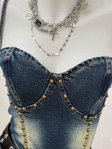 Jeanoix 女士时尚休闲Y2K复古修身性感牛仔连衣裙 - 深色水洗藍 - 查看 3