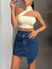 SHEIN High Waist Mini Anvelop Mini Denim Washed Blue Skirt - Medium Wash - View 4