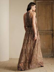 Anewsta Đầm dáng suông cổ chữ V xếp ly in họa tiết và ánh kim mới cho mùa Xuân/Hè, đầm dự tiệc màu nâu thanh lịch, đầm cổ yếm đính đá lấp lánh, đầm cưới. - màu nâu - Xem 2