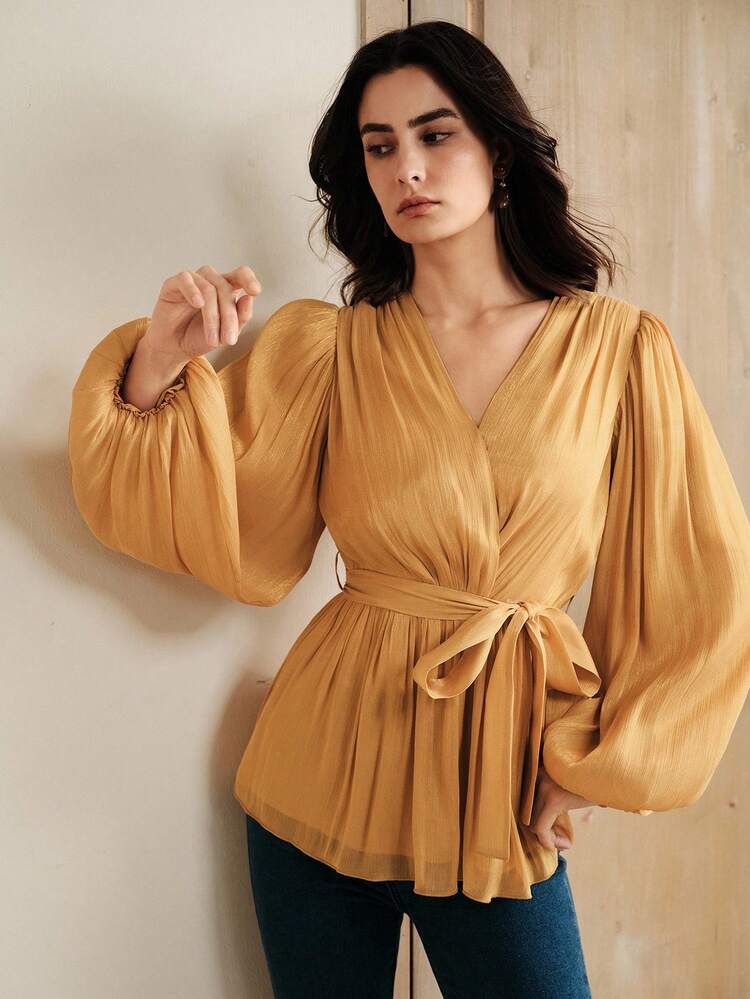 Elegant Chiffon Glossy Tie-Waist Lantern Sleeve Women Blouse