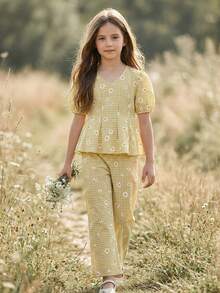 Vintaside Kids 少女黄色格子雏菊印花泡泡袖上衣和配套长裤套装，适合外出、休闲穿着和派对。 - 彩色 - 查看 5